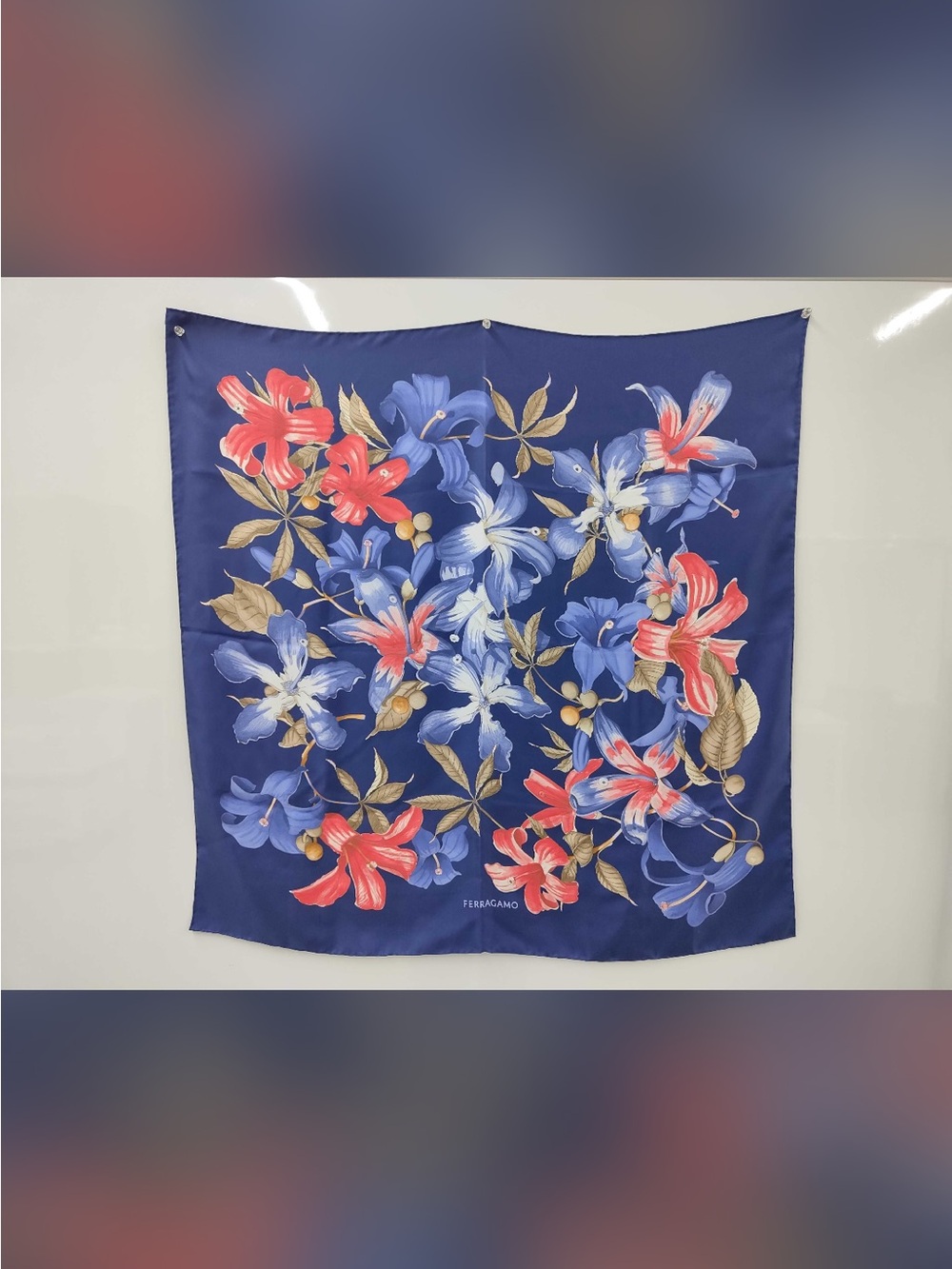Salvatore Ferragamo Navy Blue Floral Silk Tapestry with Coral and Gold Accents